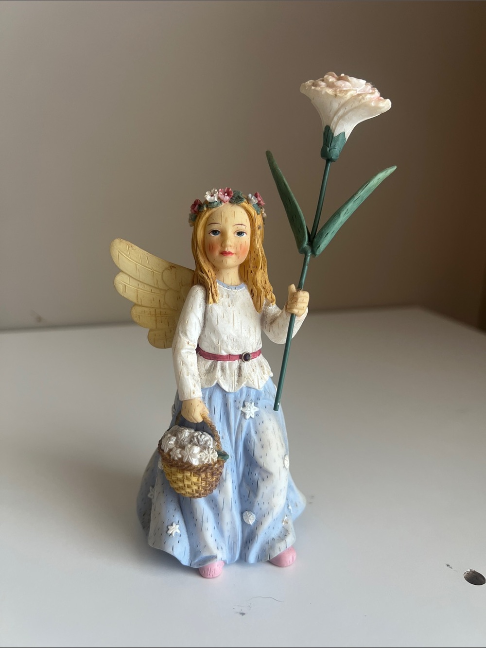 Hand-Painted Angel Figurine with Flower and Basket - Blue, White, Yellow